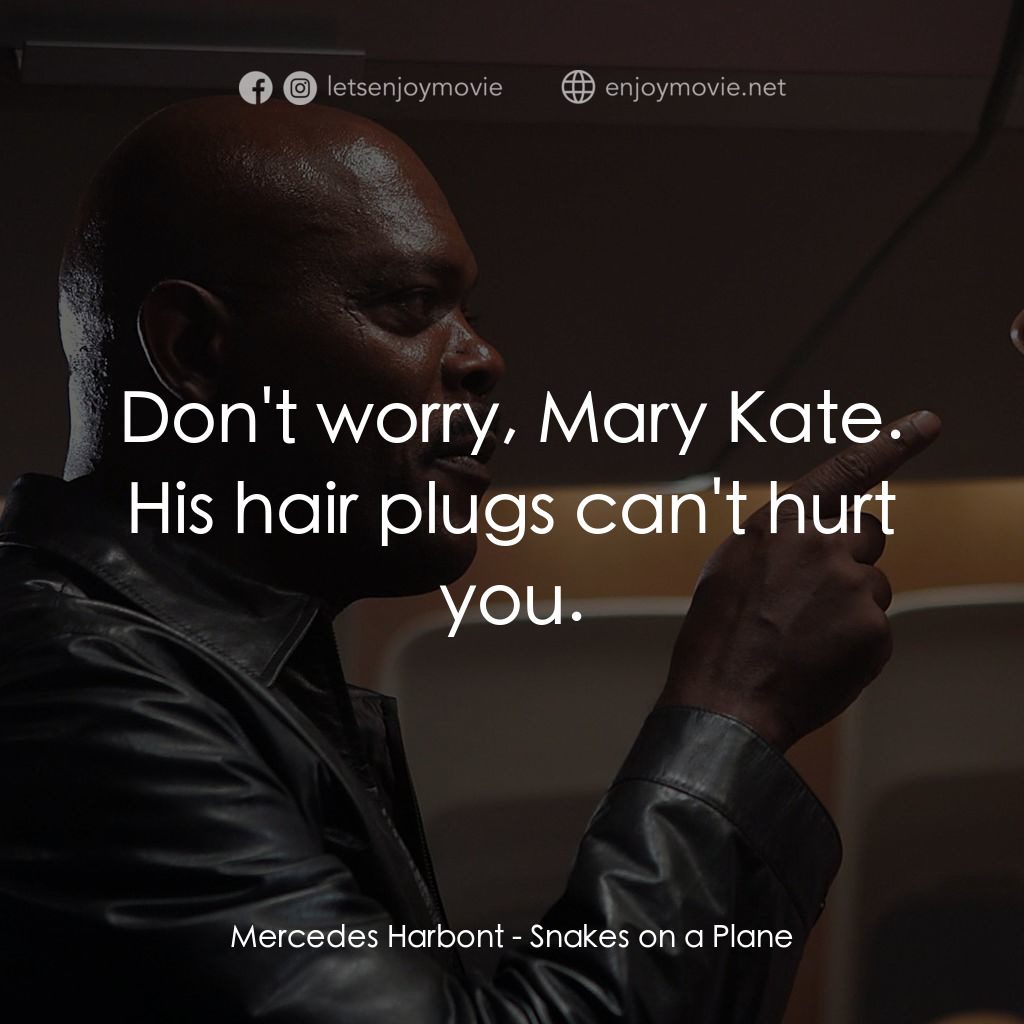 飛機上有蛇電影對白：Mercedes Harbont: Don't worry, Mary Kate. His hair plugs can't hurt you.