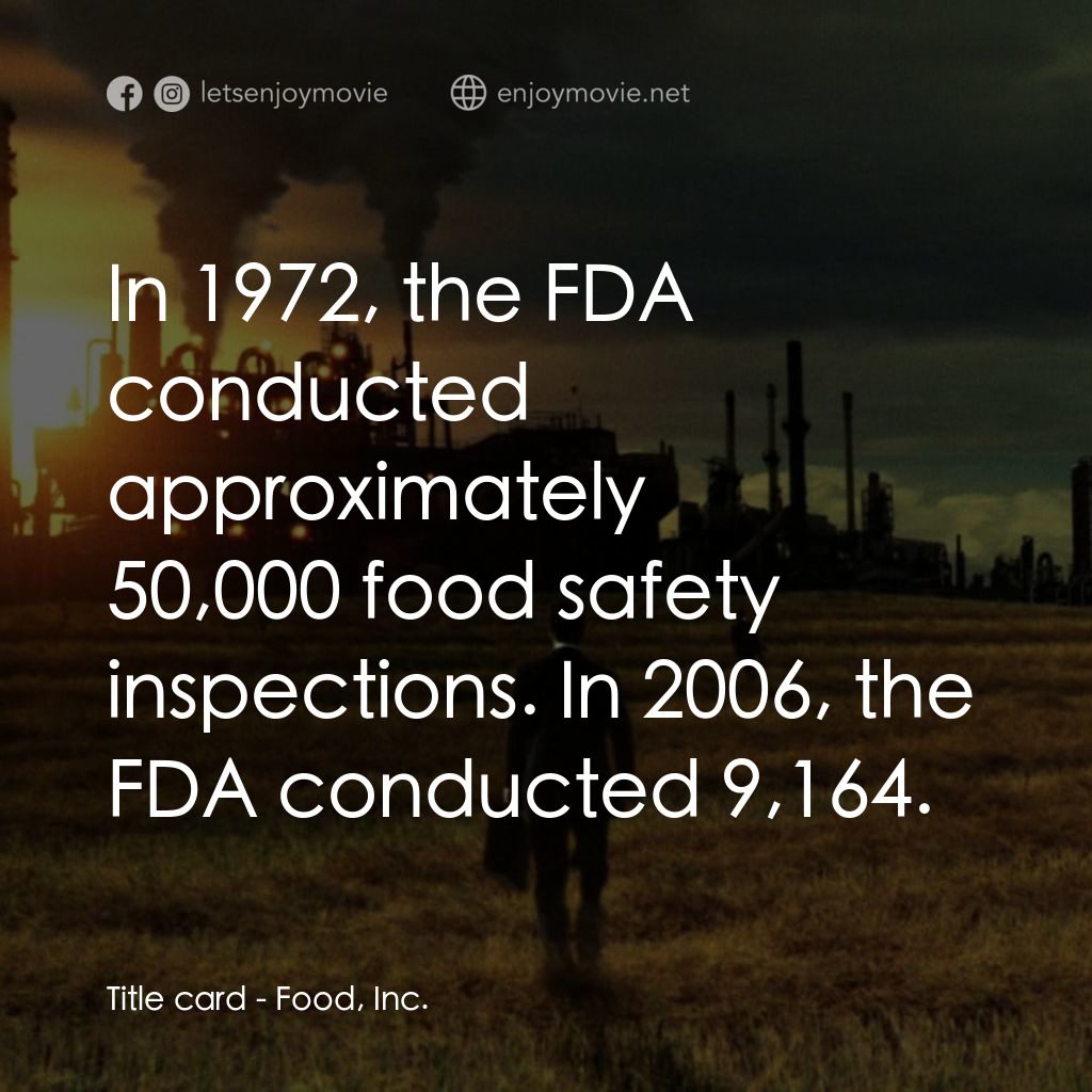 毒食難肥經典對白：Title card: In 1972, the FDA conducted approximately 50,000 food safety inspections. In 2006, the FDA