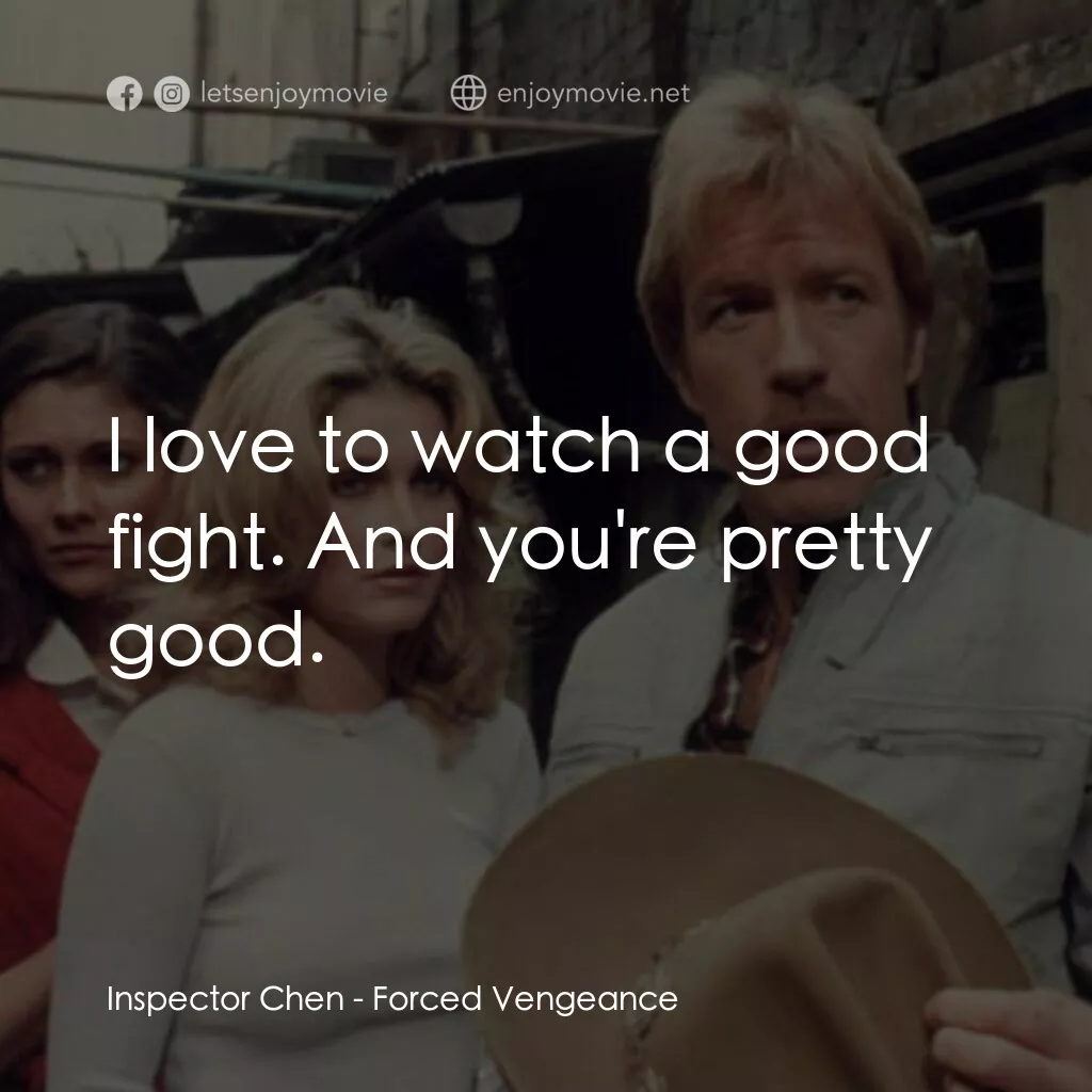 暴力復仇記電影對白：Inspector Chen:  I love to watch a good fight. And you're pretty good.