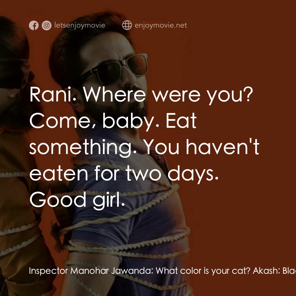 看不見的旋律電影對白：Inspector Manohar Jawanda:  What color is your cat? Akash:  Black and white. Insp