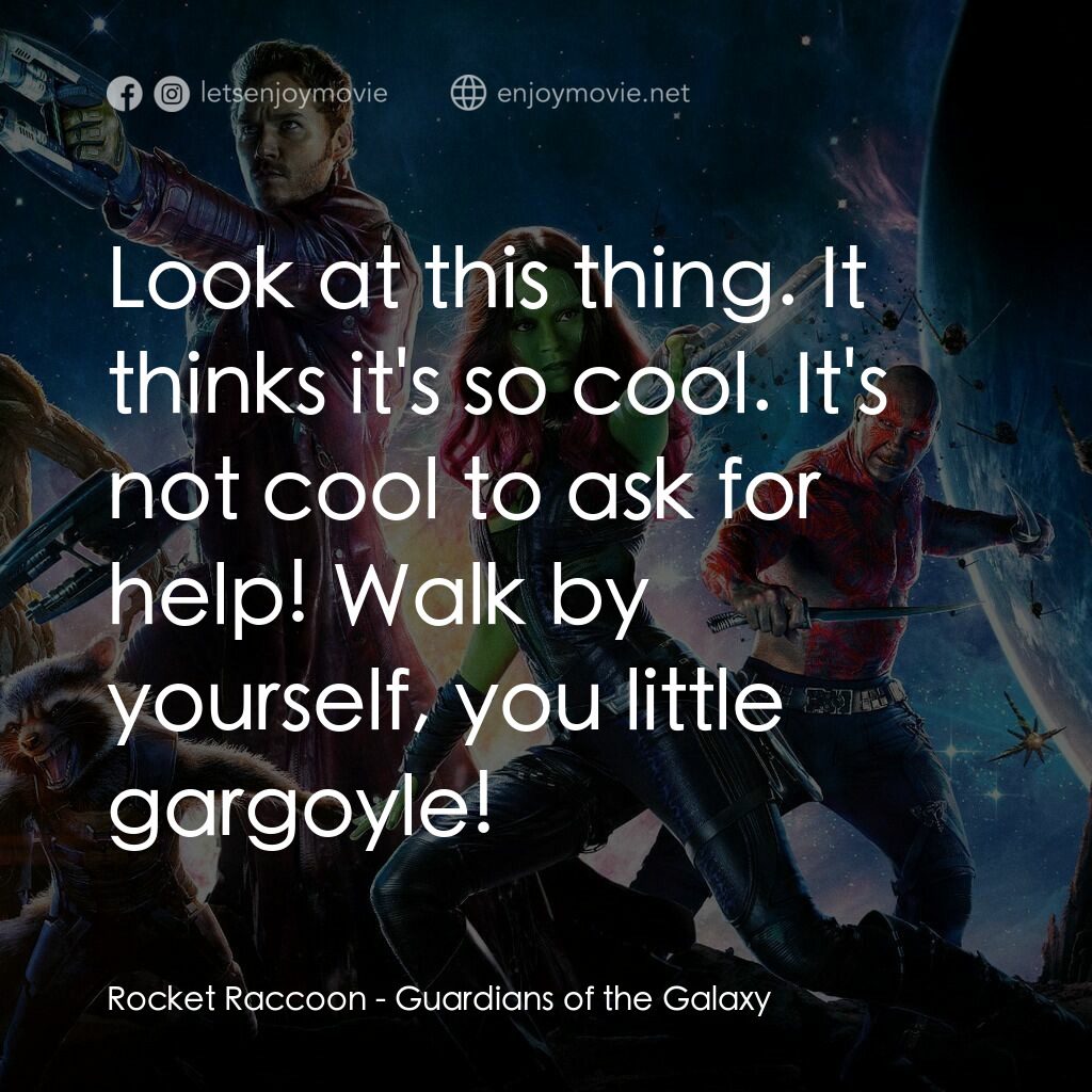 銀河守護隊電影對白：Rocket Raccoon:  Look at this thing. It thinks it's so cool. It's not cool to ask