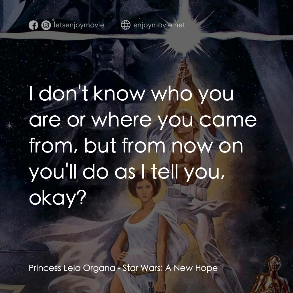星球大戰四部曲：新的希望電影對白：Princess Leia Organa:  I don't know who you are or where you came from, but from 