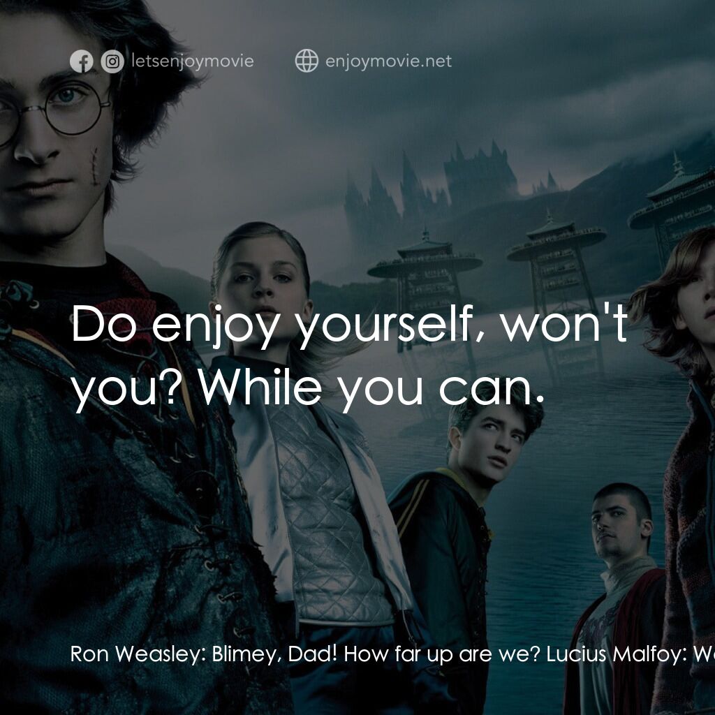 哈利波特：火盃的考驗電影對白：Ron Weasley:  Blimey, Dad! How far up are we? Lucius Malfoy:  Well, put it this w