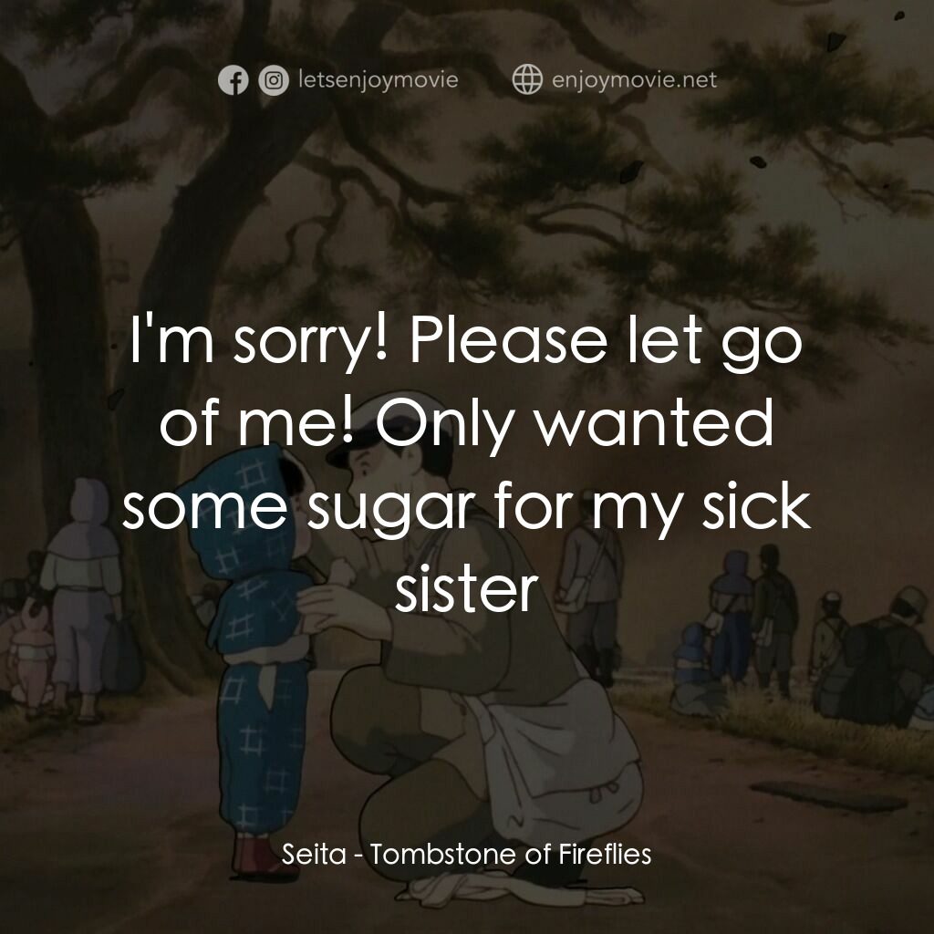 再見螢火蟲電影對白：Seita:  I'm sorry! Please let go of me! Only wanted some sugar for my sick sister
