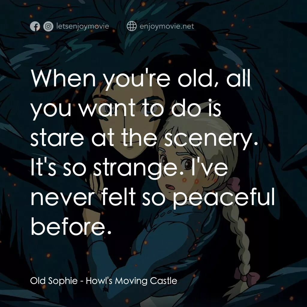 哈爾移動城堡電影對白：Old Sophie:  When you're old, all you want to do is stare at the scenery. It's so