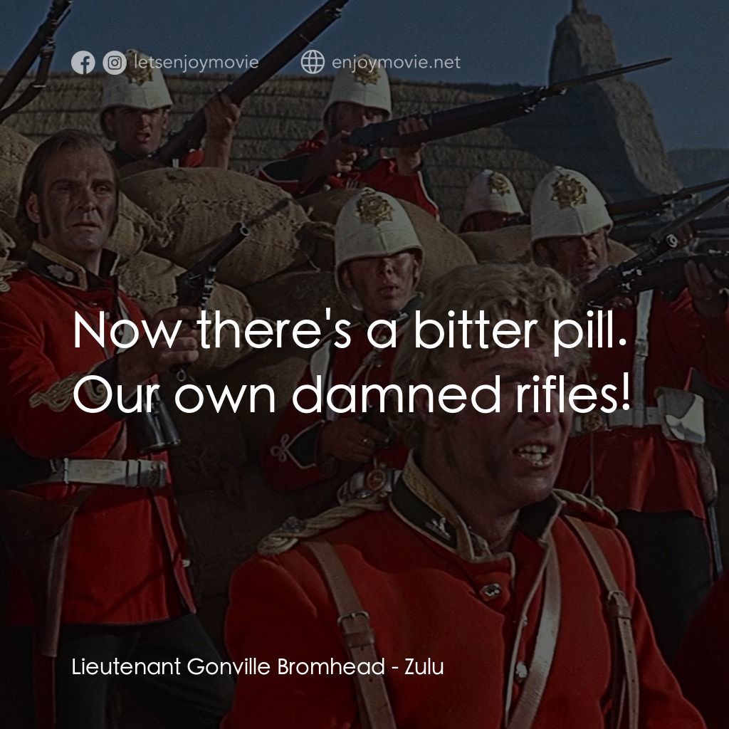 祖魯戰士電影對白：Lieutenant Gonville Bromhead: Now there's a bitter pill. Our own damned rifles!