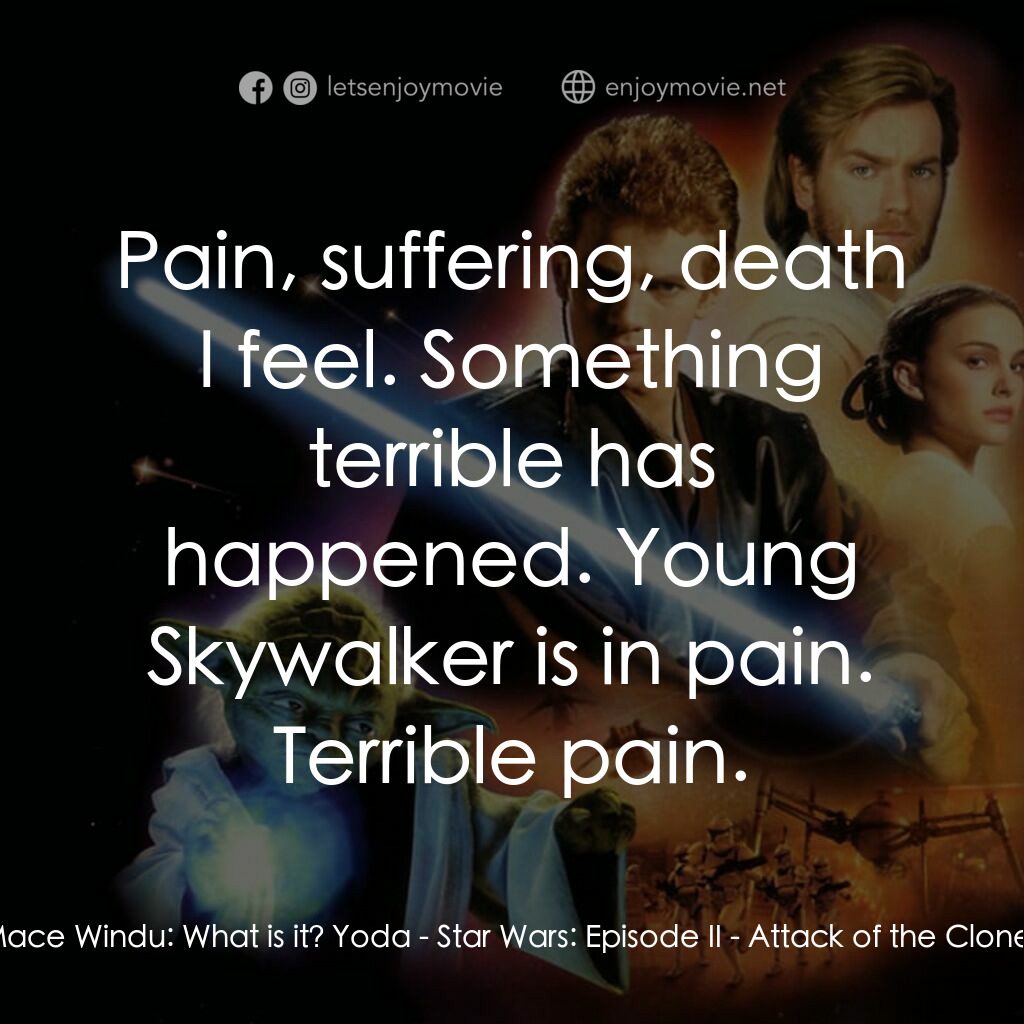 星球大戰前傳II：複製人侵略電影對白：Mace Windu:  What is it? Yoda:  Pain, suffering, death I feel. Something terrible