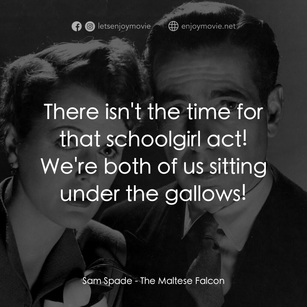 群雄奪寶鷹電影對白：Sam Spade:  There isn't the time for that schoolgirl act! We're both of us sittin