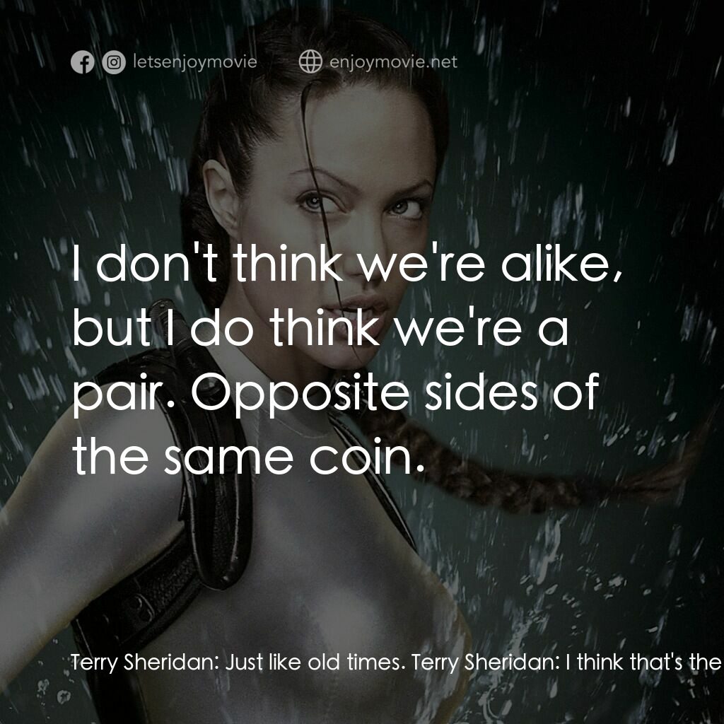 古墓奇兵：風起雲湧電影對白：Terry Sheridan:  Just like old times. Terry Sheridan:  I think that's the first t