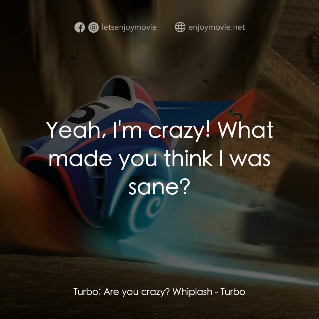 渦輪方程式電影對白：Turbo:  Are you crazy? Whiplash:  Yeah, I'm crazy! What made you think I was sane