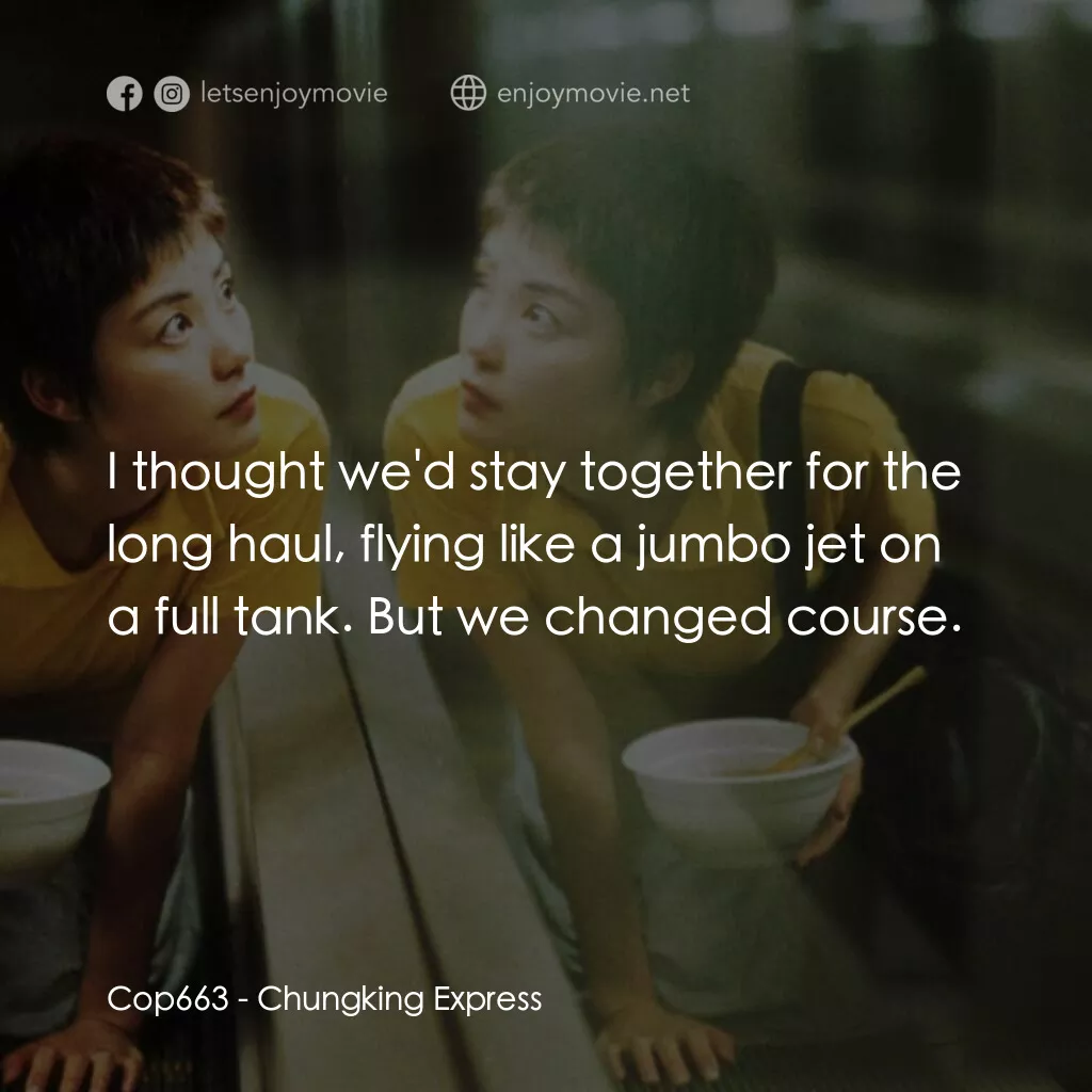 重慶森林電影對白：Cop663:  I thought we'd stay together for the long haul, flying like a jumbo jet 