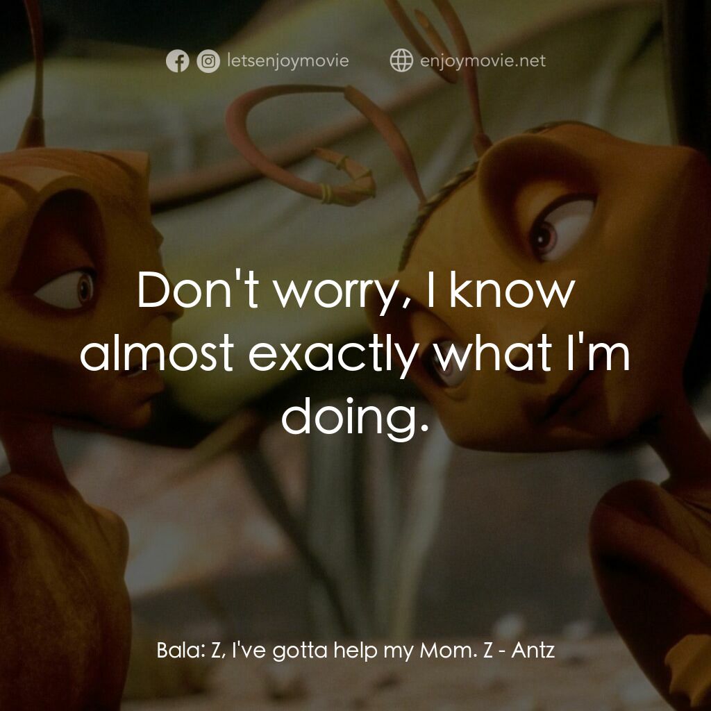 小蟻雄兵電影對白：Bala:  Z, I've gotta help my Mom. Z:  Don't worry, I know almost exactly what I'm