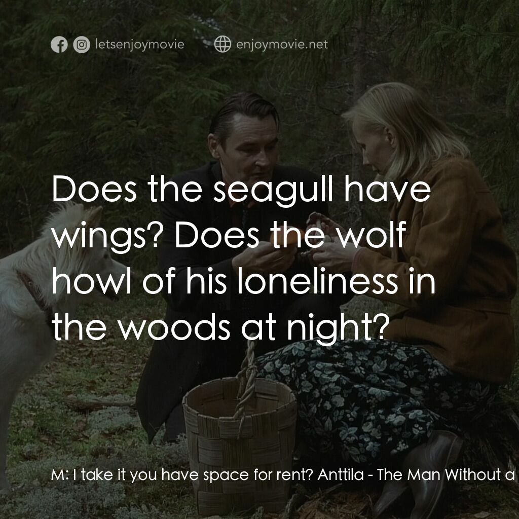 扑頭前失魂後電影對白：M:  I take it you have space for rent? Anttila:  Does the seagull have wings? Doe