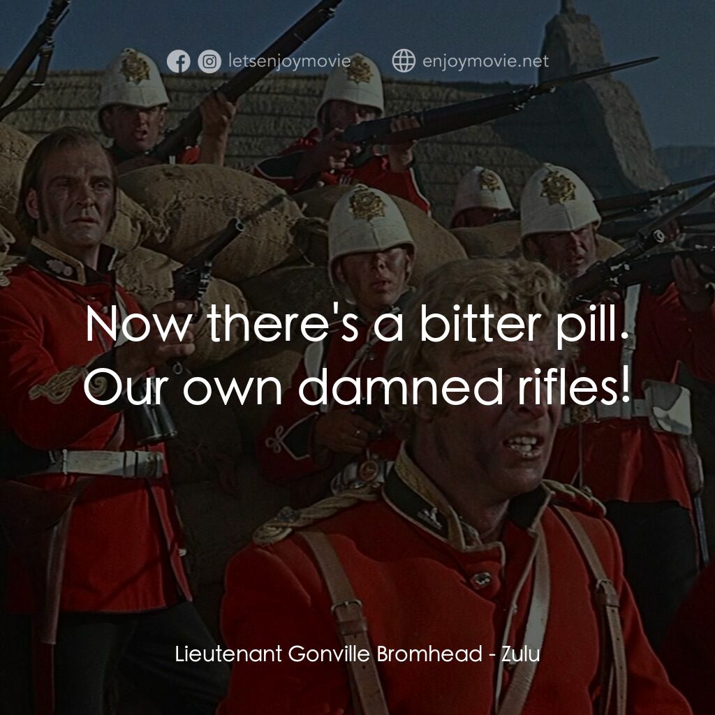 祖魯戰士電影對白：Lieutenant Gonville Bromhead:  Now there's a bitter pill. Our own damned rifles!