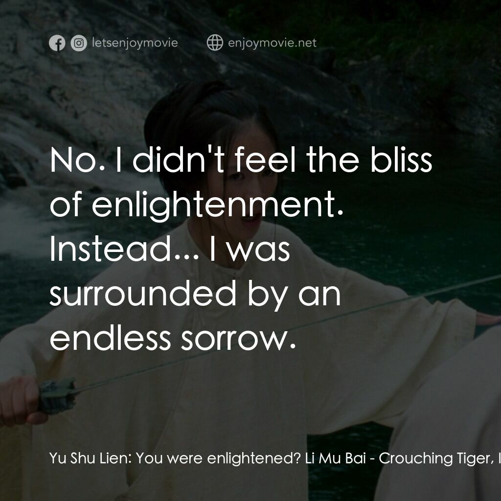 臥虎藏龍電影對白：Yu Shu Lien:  You were enlightened? Li Mu Bai:  No. I didn't feel the bliss of en