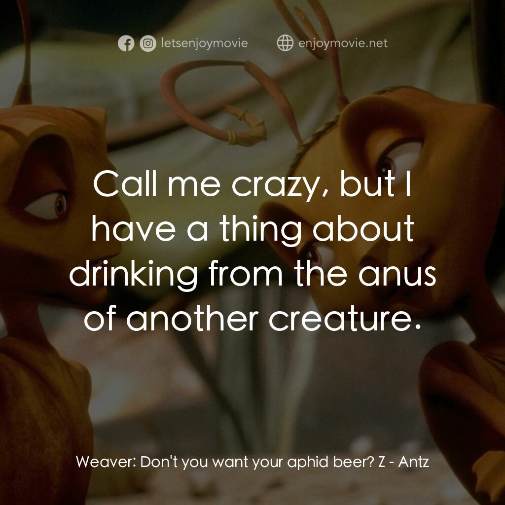 小蟻雄兵電影對白：Weaver:  Don't you want your aphid beer? Z:  Call me crazy, but I have a thing ab