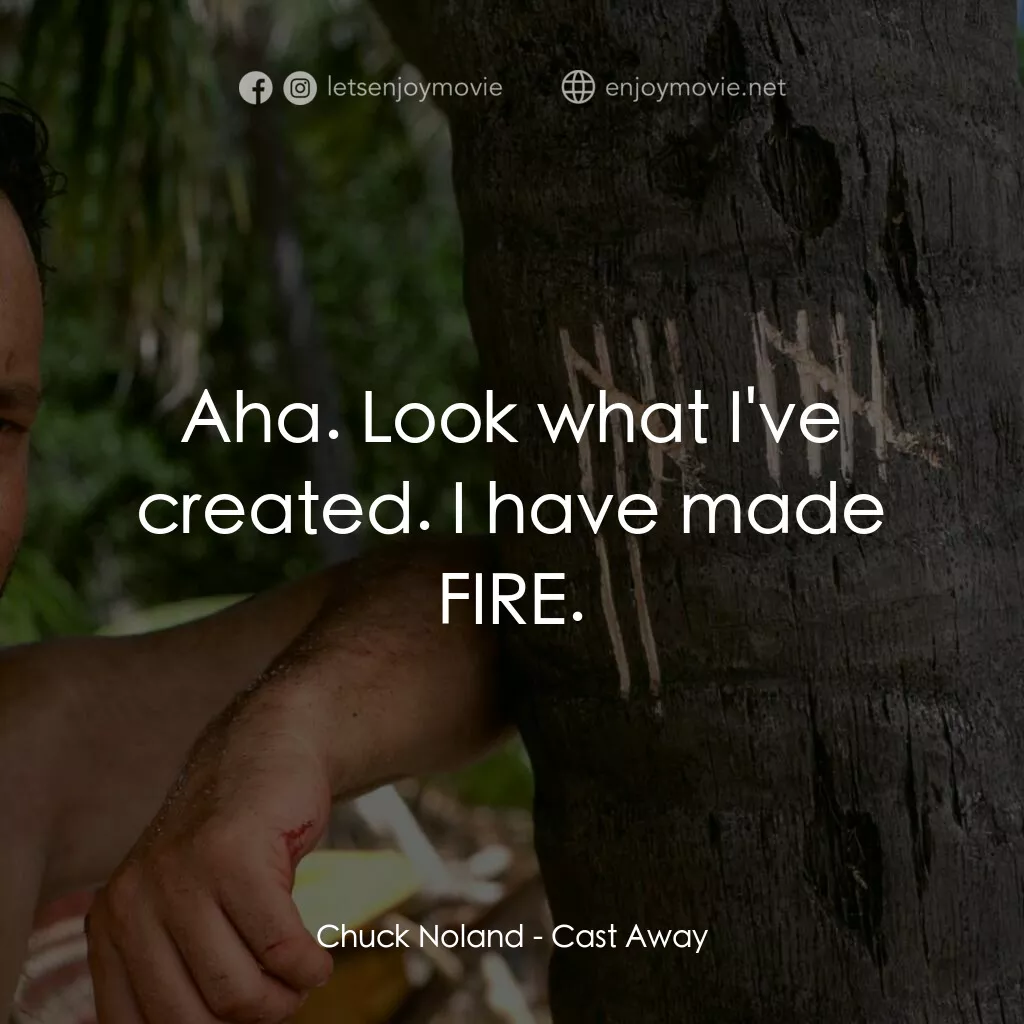 劫後重生電影對白：Chuck Noland:  Aha. Look what I've created. I have made FIRE.