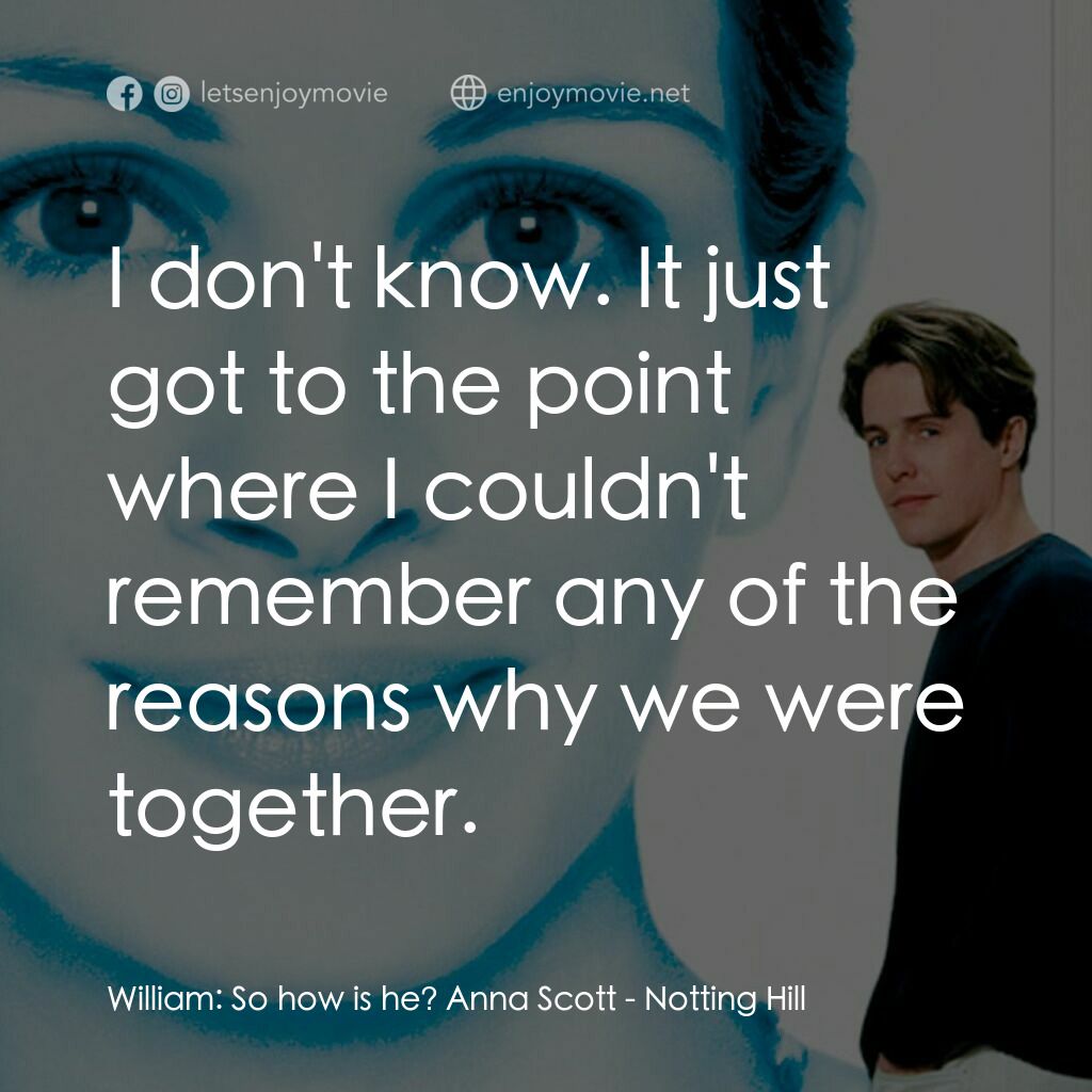 新娘百分百電影對白：William:  So how is he? Anna Scott:  I don't know. It just got to the point where