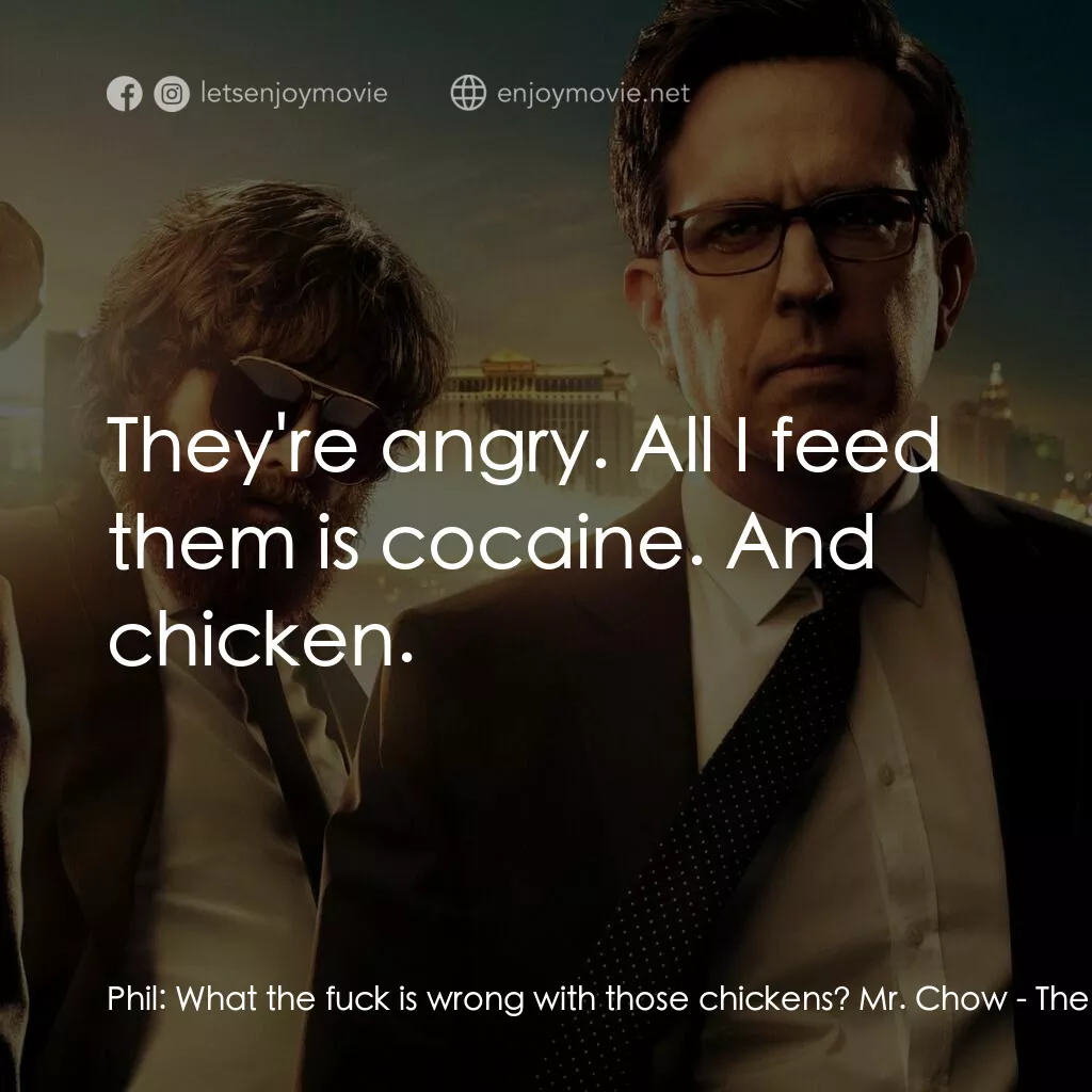 醉後大丈夫 3電影對白：Phil:  What the fuck is wrong with those chickens? Mr. Chow:  They're angry. All 