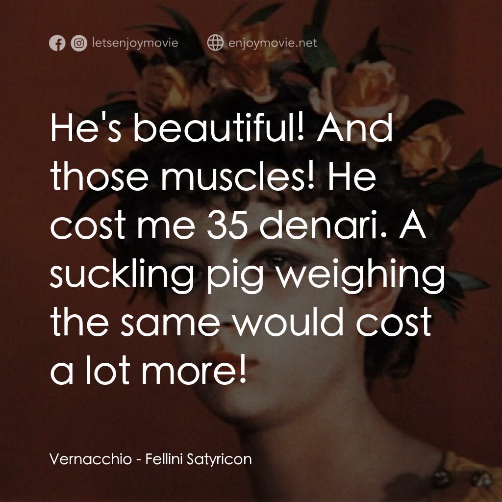 愛情神話電影對白：Vernacchio:  He's beautiful! And those muscles! He cost me 35 denari. A suckling 