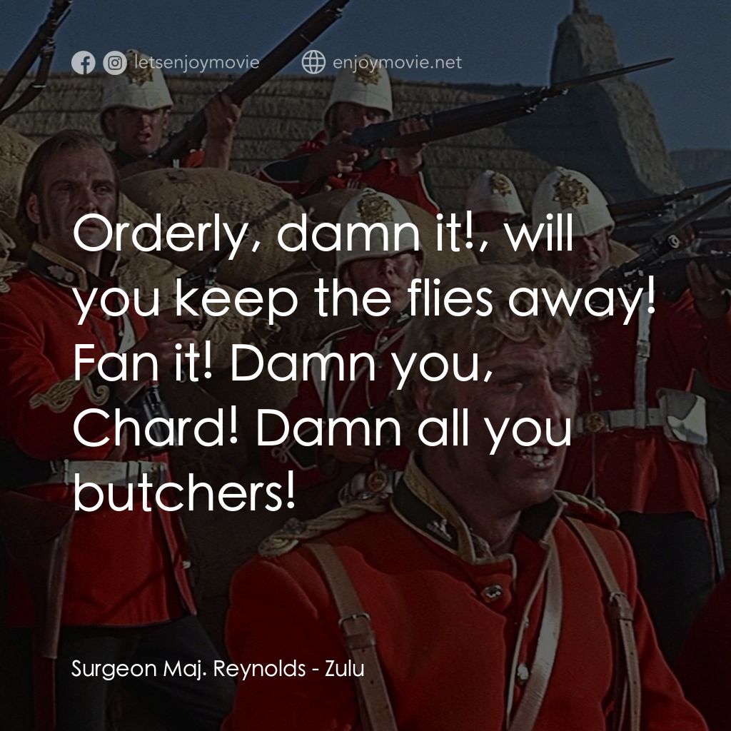 祖魯戰士電影對白：Surgeon Maj. Reynolds: Orderly, damn it!, will you keep the flies away! Fan it! D