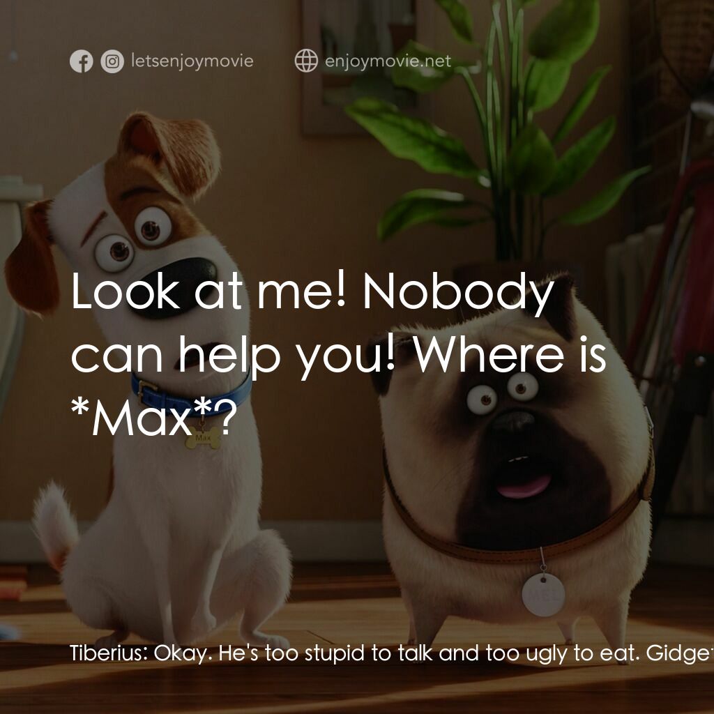 寵物當家電影對白：Tiberius:  Okay. He's too stupid to talk and too ugly to eat. Gidget:  I'm done p