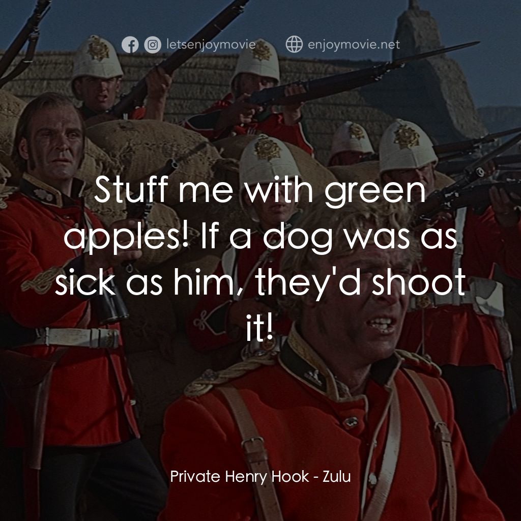 祖魯戰士電影對白：Private Henry Hook: Stuff me with green apples! If a dog was as sick as him, they