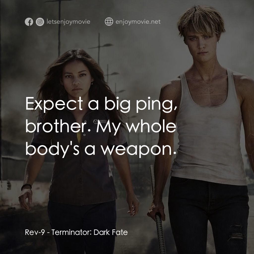 未來戰士：黑暗命運電影對白：Rev-9: Expect a big ping, brother. My whole body's a weapon.